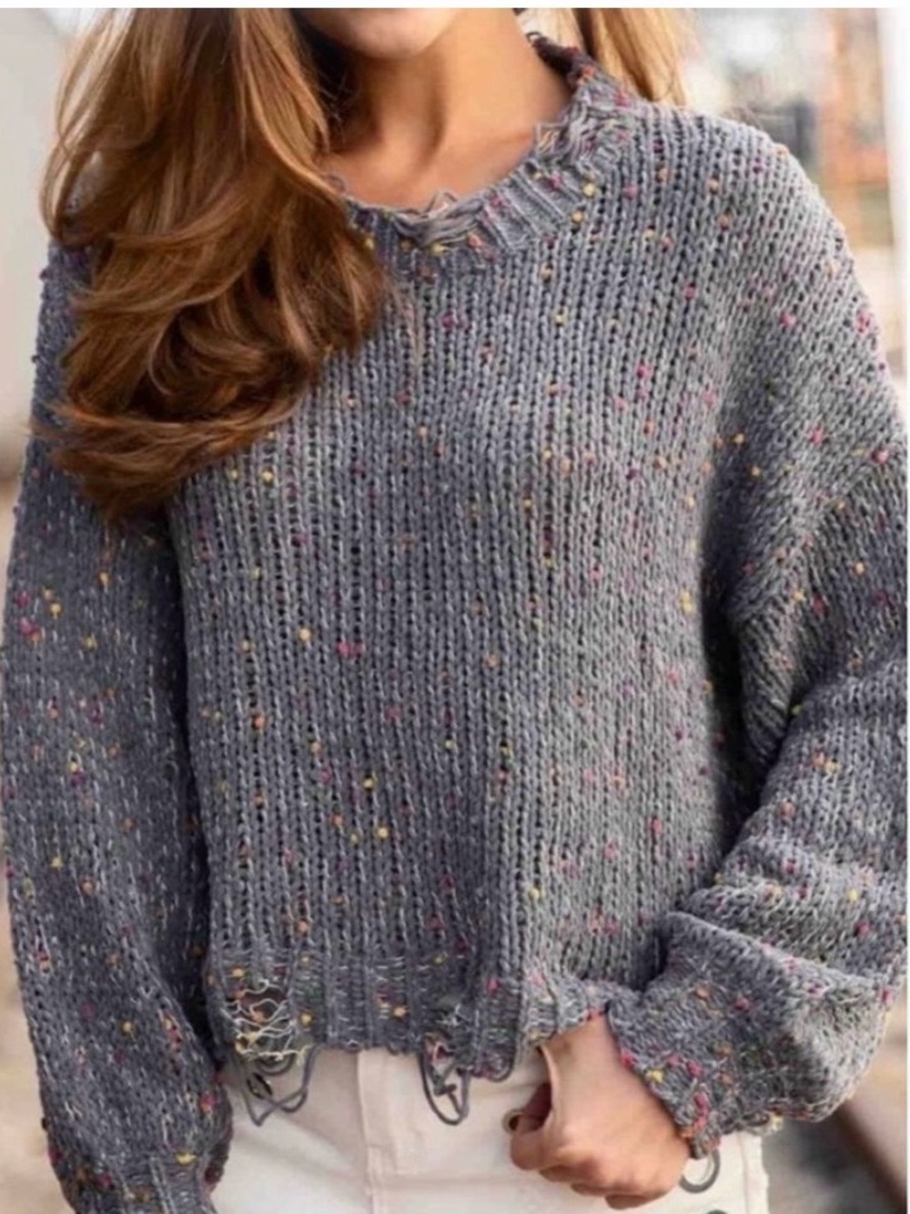 POL Distressed Rainbow Confetti Knit Sweater Sz L